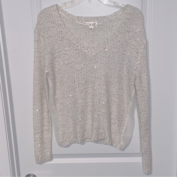 Gold Sequin Sparkly Embroidered Cream V Neck Sweater w/ Sheer See Through Back - Picture 3 of 3